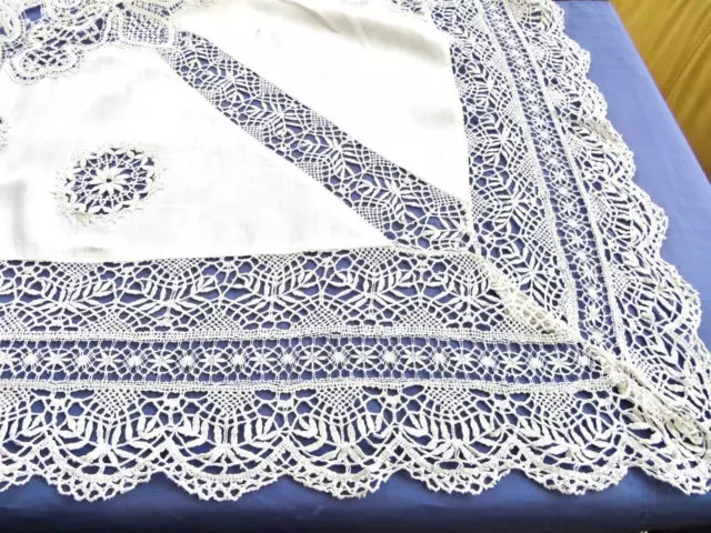 Antique Linen Tablecloth Wide Bedfordshire Hand Bobbin Lace Trim & Inserts 48"sq