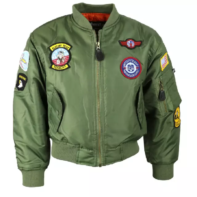 KombatUK Kids Childs 7 Sewn on Badges Top Gun US MA1 Flight Pilot Shell Jacket