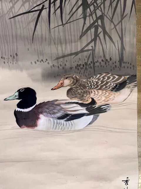 Antique Vertical Scroll painting pair of Ducks in a pond