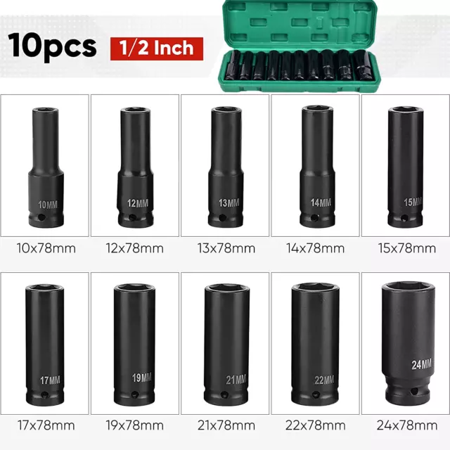 1/2" Deep Impact Socket Set Drive Long Reach Thin Wall 10 Metric Sockets 10-24mm