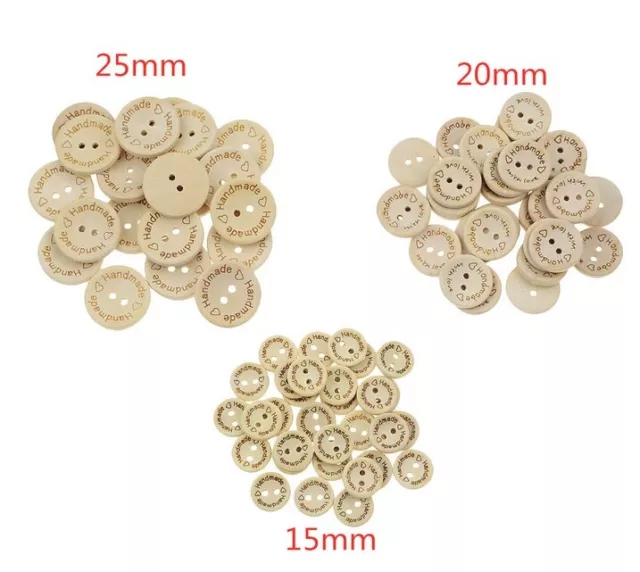 Natural Handmade With Love Wooden Round Buttons 2-Hole Crafts 15