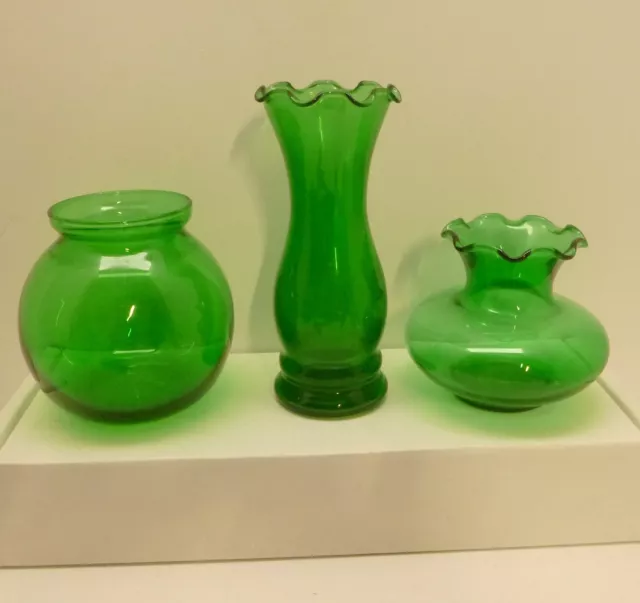 3 Vintage Forest Green Anchor Hocking vases 3 different patterns