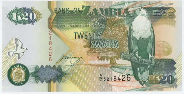 Zambia 20 Kwacha 1992 Pick 36.b UNC Uncirculated Banknote Serial AD