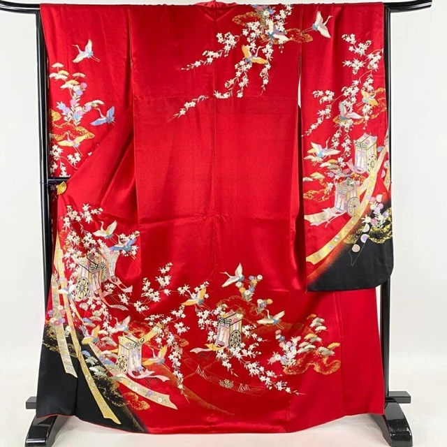 Japanese Kimono Furisode Pure Silk An Ox Drawn Coach crane gold paint Red Color
