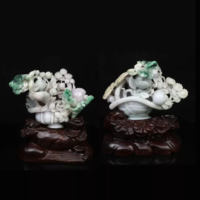Chinese Exquisite Handmade Flower Fruit Basket Carved Jadeite Jade Statue A Pair