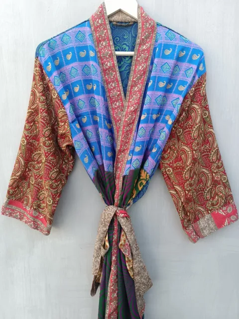 Christmas Day Gift For Her Floral Sari Silk Kimono Night Wear Bathrobe, B-1360