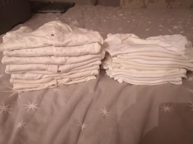 11 White Unisex Baby Vests Bodysuits & 9 x Sleepsuits Aged 3-6 Months Upto 18lbs