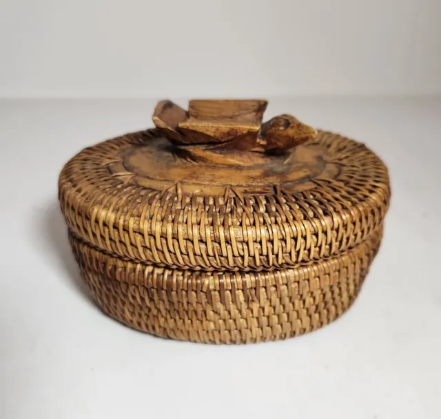 Small Woven Lidded Basket with Wooden Bird Lombok Island Indonesia Vintage Wood