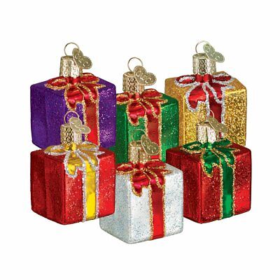 Gift Box Present Red Purple Green Glass 2" Ornament Set 6 Old World Christmas