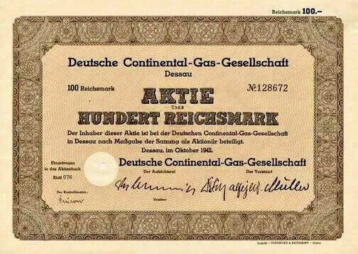 € 5 Lot 10 x Deutsche Continental-Gas Ges. hist Aktie 1942 Dessau Sachsen-Anhalt