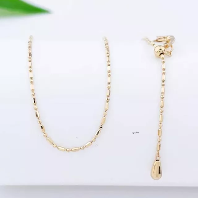 Pure 18K Yellow Gold Chain Women 0.9mm Beads Link Adjust Necklace 2.29g/17.7inch