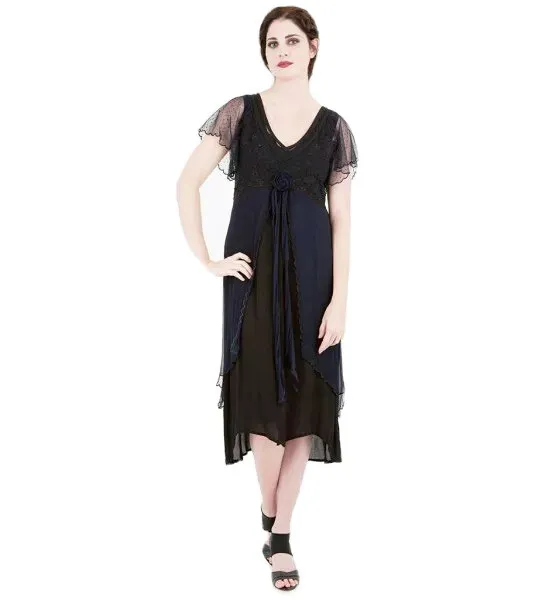 NWT NATAYA Downton Abbey Vintage Style Dress, Sapphire / Black, M