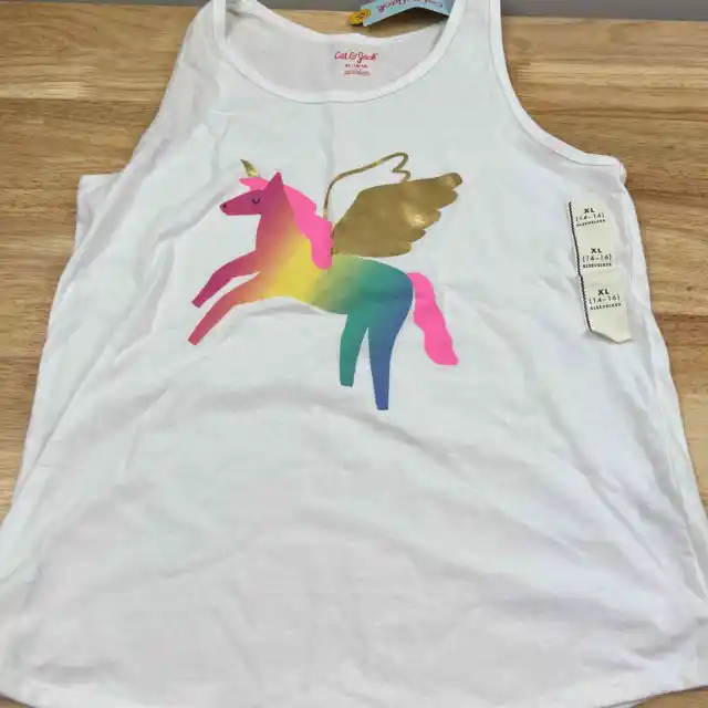 Cat & Jack Girls' Rainbow Unicorn Printed White Tank Top - Size XL - NWT