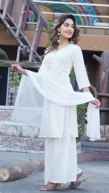 Women White Palazo Kurta Set Designer Sharara Kurti Dupatta Stitched Salwar Suit