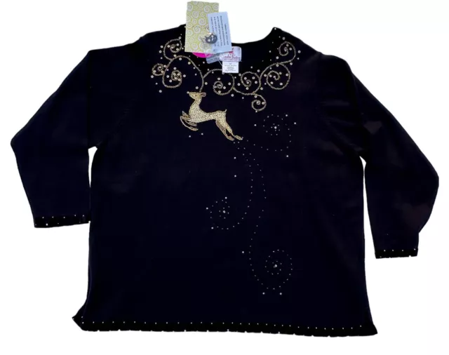 Quaker Factory Gold Sequin Raindeer Swirls Blk Christmas Sweater Vintage 2X NWT