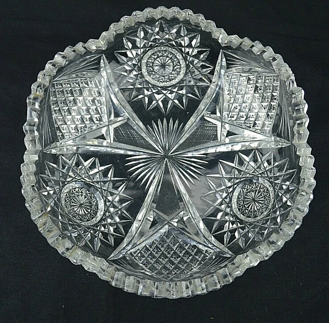 American Brilliant Period Cut Glass bowl ABP Hobstar strawberry fan cut Motif