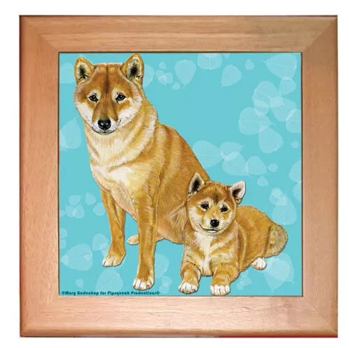 Shiba-Inu Dog Ceramic Trivet Framed in Pine 8" x 8"