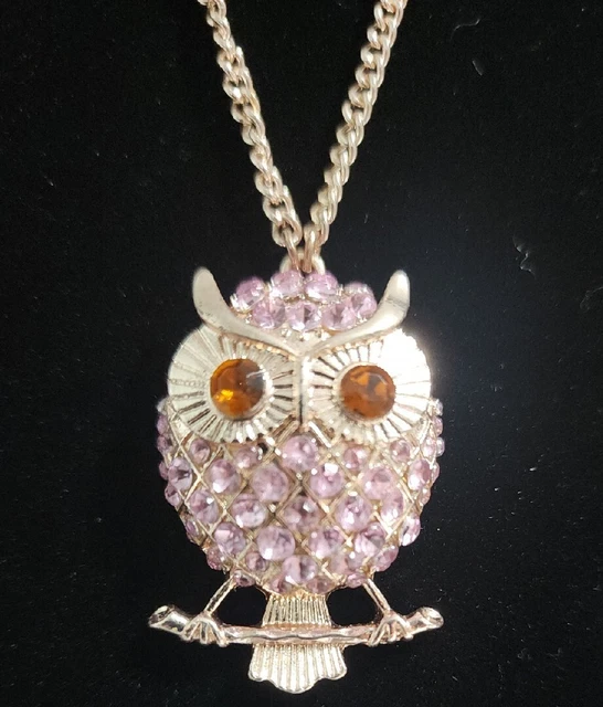 Betsey Johnson Pink Crystal Rhinestone Owl Pendant Necklace Gold-Toned Chain EUC