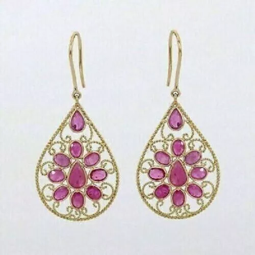 2CT Natural Pink Ruby Drop Dangle Earrings Pear Oval Cut 14k Yellow Gold Plated