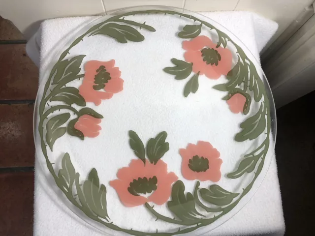 16" Large Art Glass Serving Plate Pink/Green Floral POPPIES