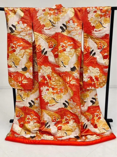 Japanese Kimono Uchikake Luxurious Wedding Pure Silk Crane Red Gold from japan