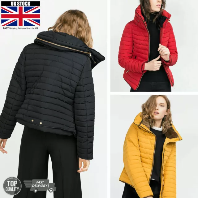 Womens Quilted Padded Puffer Bubble Jacket Warm Thick Fur Collar Hooded Coat NEW