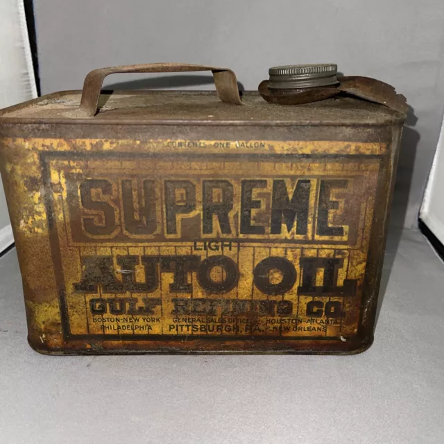 Antique Supreme Auto Oil Gulf Refining Tin Litho Motor Gas Car Can Pittsburgh Pa 3