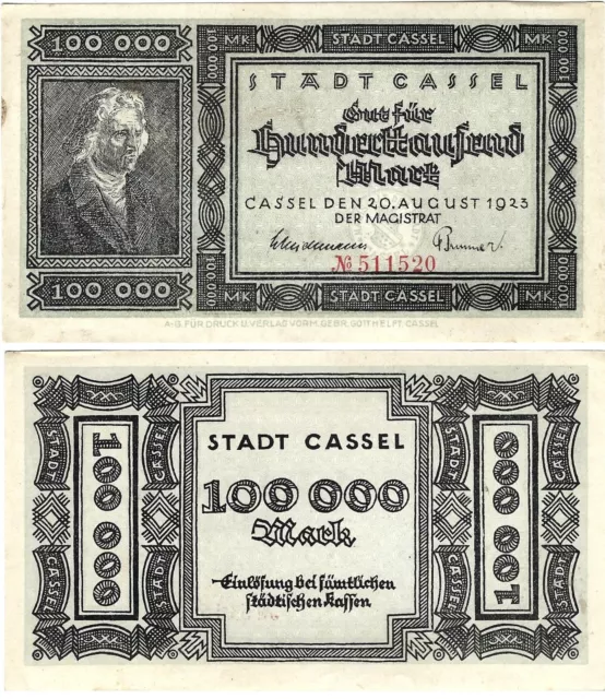 Banknote Gutschein Notgeld 100.000 Mark 1923 Kassel (Hessen) SEHR SELTEN