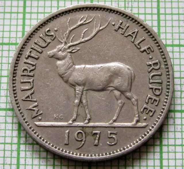 MAURITIUS Queen Elizabeth II 1975 HALF RUPEE, STAG Swamp deer, km# 37