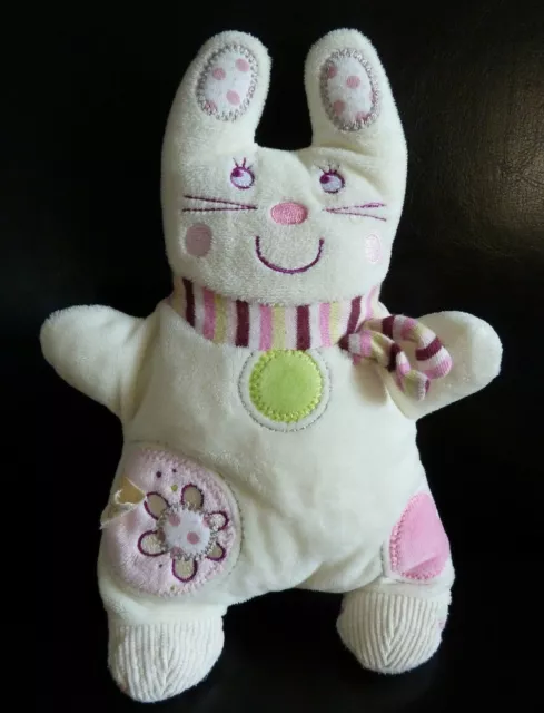 60. DOUDOU PELUCHE NICOTOY LAPIN chat BLANC ROSE ROND VERT FLEUR ECHARP 24cmTTBE