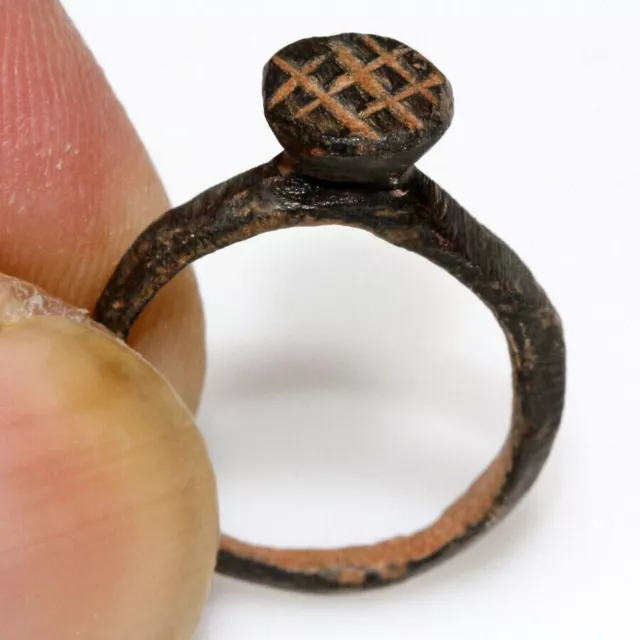 Ancient Roman Bronze Ring With Carved Geometric Designs Circa 100-400 Ad