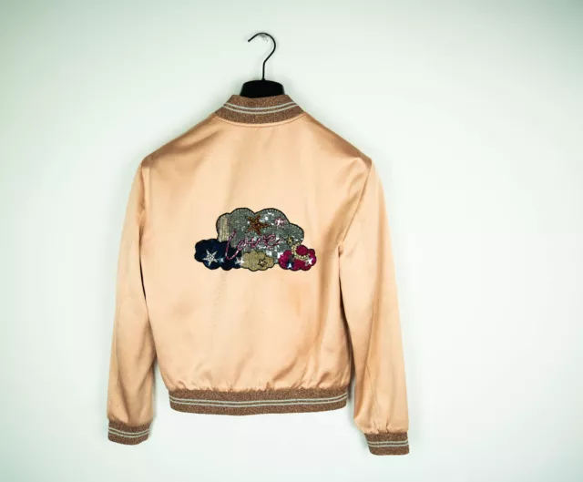 SAINT LAURENT PARIS Rose Gold "Love" Zip Up Jacket 36 Satin Sequin Bomber