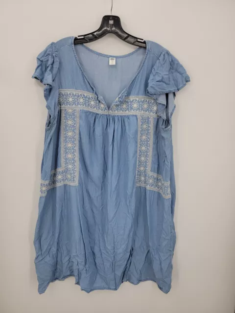 Old Navy Dress Womens XXL Blue Chambray Embroidered Flutter Sleeve Boho Beachy
