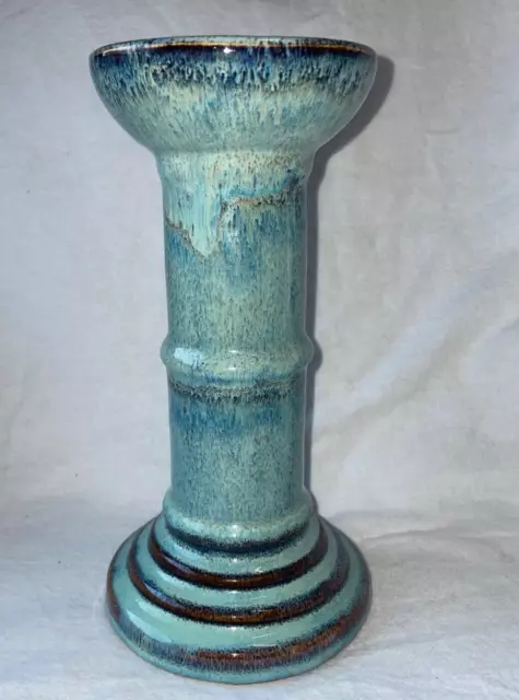 Vintage Studio Art Pottery Single Candle Holder Blue Drip Glaze Unsigned 8.25"