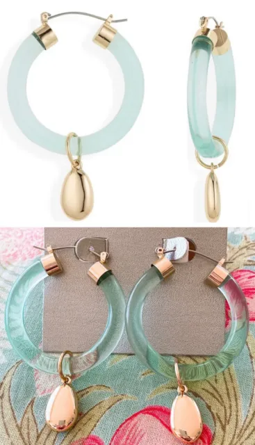 Nordstrom Resin Drop Hoop Earrings, Aqua-Gold, NWT