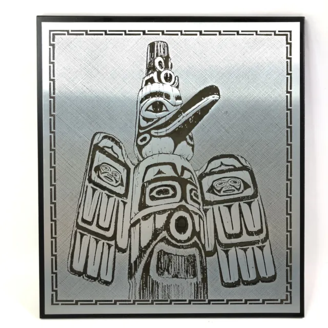 Totem Pole Wall Hanging Plaque Metallic Brushed Steel Aztec Border 11 1/2 x 13