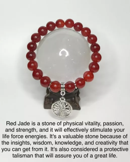 Feng Shui 7.5 Bracelet Chakra Healing Red Jade. with Silver Tree of life Charm 