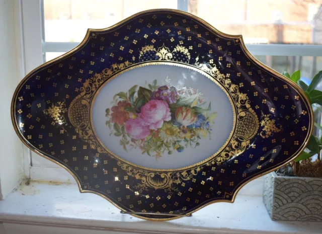 Old Paris Porcelain 17.25" Tray Colbalt Blue Gold Hand Painted Floral Bouquet