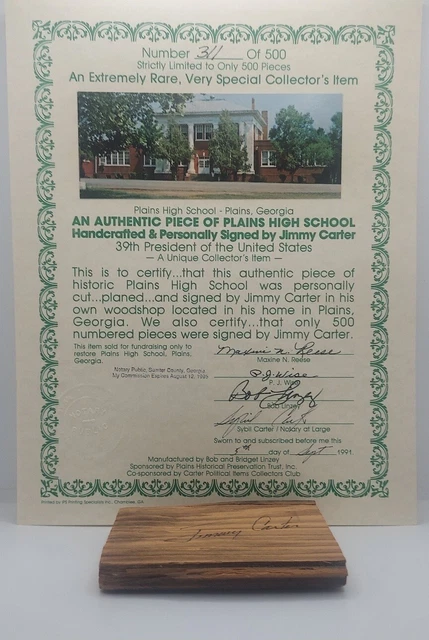 Jimmy Carter Signed Piece Of Plains High School Rare Georgia POTUS Autograph COA