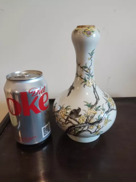 Rare Chinese Famille Rose Garlic Head Vase Hand Painted Birds 19th Century