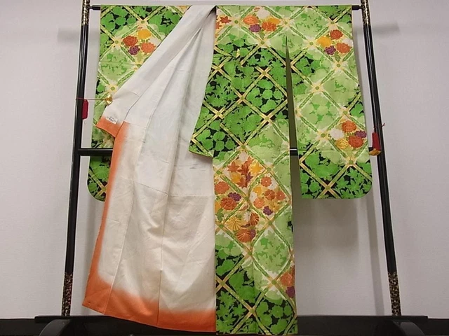 Woman Japanese Kimono Furisode Silk Grass Flower Butterfly Gold Silver  Green