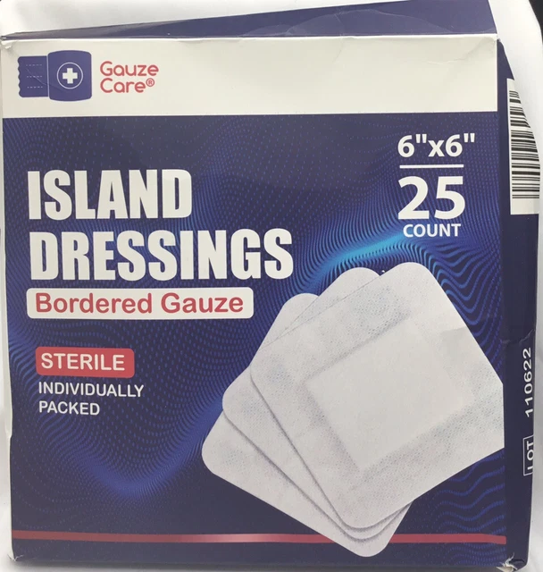 Island Wound Dressing (Bordered Gauze) 6" x 6"  Sterile 25 Count New Open Box