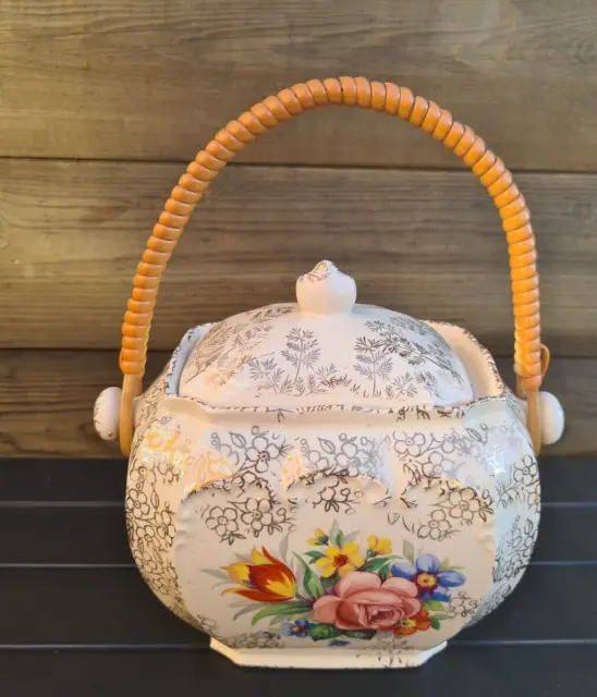 Lovely Vintage Chintzy Flower Sadler Cube Biscuit Barrel Woven Handle