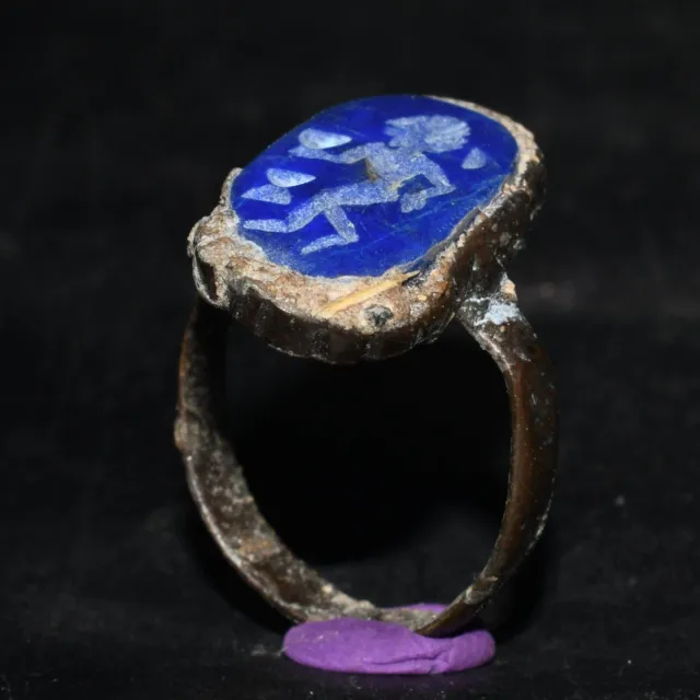 Ancient Roman Bronze Ring with Lapis Lazuli Stone Intaglio Circa 1st Century AD
