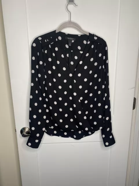 White House Black Market Womens Blouse Black Polka Dot Long Sleeve V-Neck Size 6