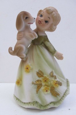 Lefton China Figurine - Girl Holding Dog Flower Dress - 5490 (Ci1H)