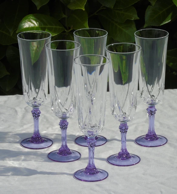 Service de 6 flûtes à champagne en cristal d'Arques, modèle Auteuil Lilas