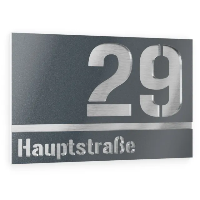 Graviers Hausnummer + Straßenname Haus Nr. Schild mit Gravur Edelstahl Anthrazit