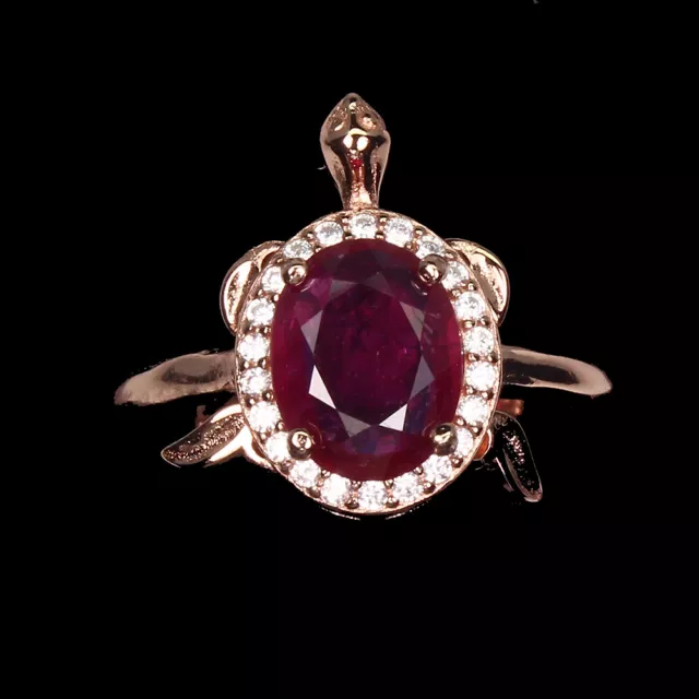 Oval Red Ruby 9x7mm White Cz 925 Sterling Silver Adjustable Turtle Ring Size 6.5