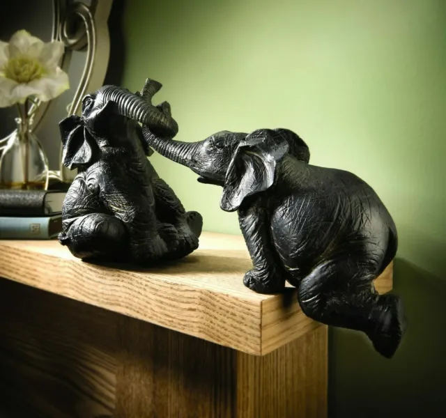 Shelf Sitting Elephant Pair Decorative Polyresin Sculpture Ornament Home Decor